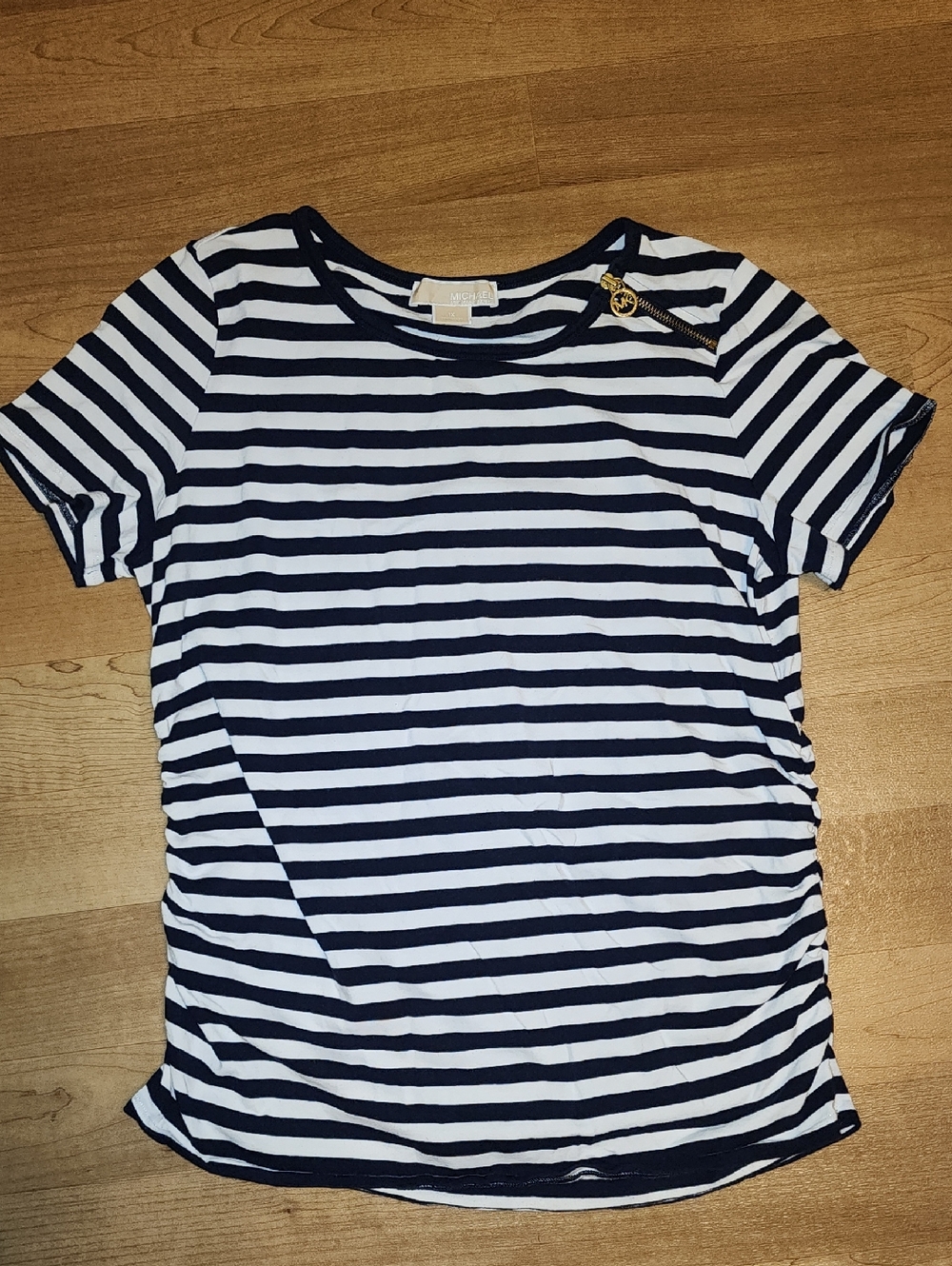 Michael Kors Black and White Striped Short Sleeve Top with Gold Accent